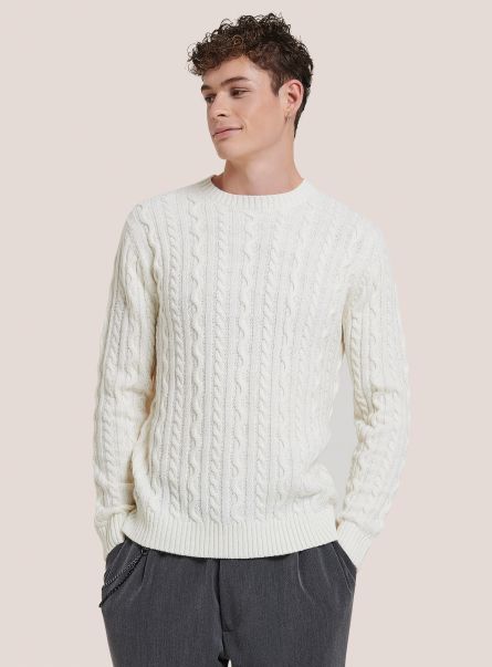 Wh2 White Men Sweaters Crew-Neck Pullover With Braids
