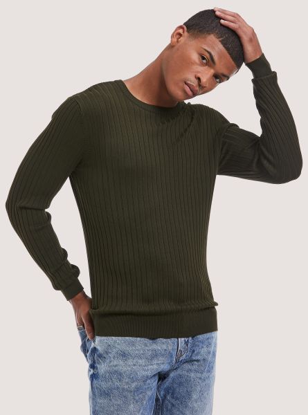 Solid-Coloured Ribbed Crew-Neck Pullover Men Ky1 Kaky Dark Sweaters
