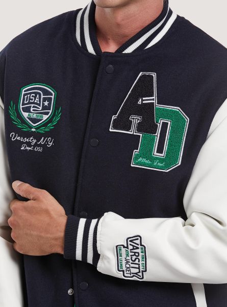 College-Style Bomber Jacket With Leather-Effect Sleeves Men Na1 Navy Dark Jackets