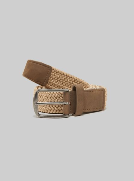 Bg2 Beige Medium Braided Belt With Rectangular Buckle Men Belts