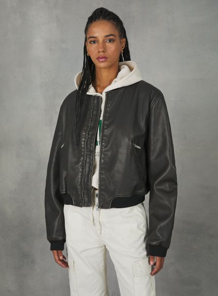 Jackets Distressed Leather Effect Bomber Jacket Br1 Brown Dark Women