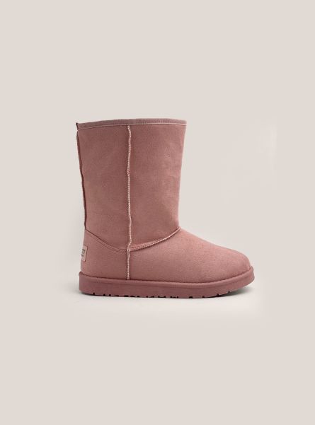 Women Shoes Pink Suede Ankle Boots With Faux Fur Inside